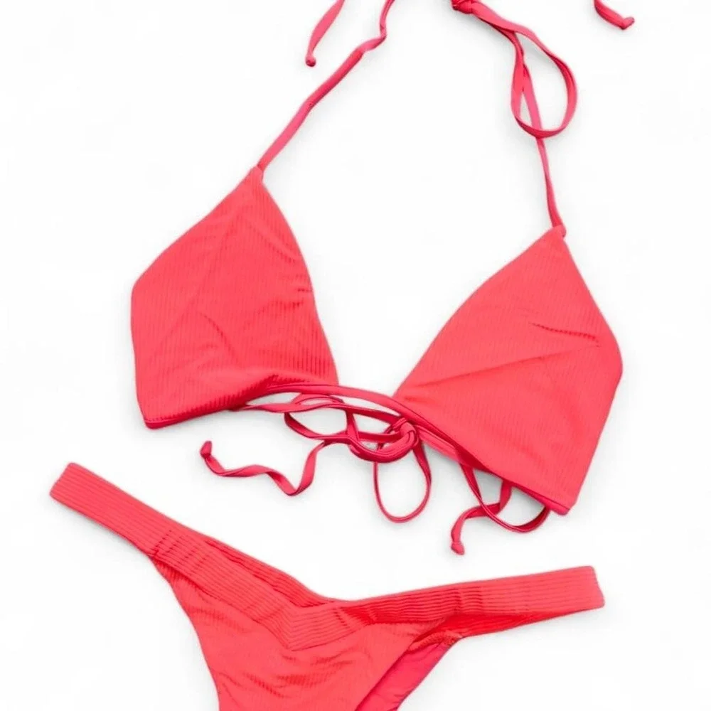 Frankies Bikinis Coral Pink Halter Bikini Set Cheeky Bottoms Sz Large Swimsuit